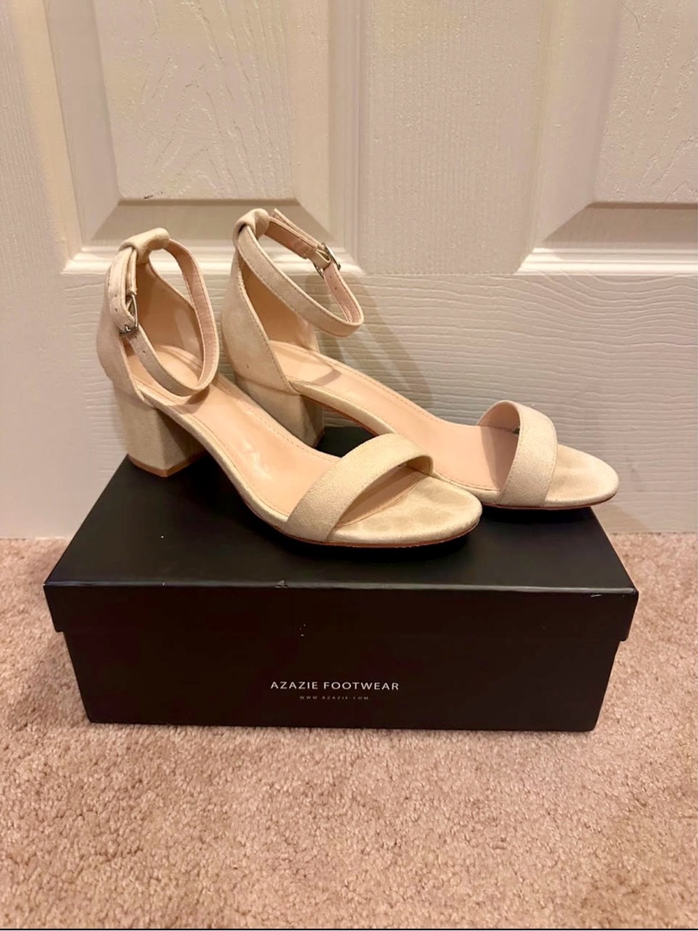 Azazie Cream Ankle-Strap Block Heel Sandals
